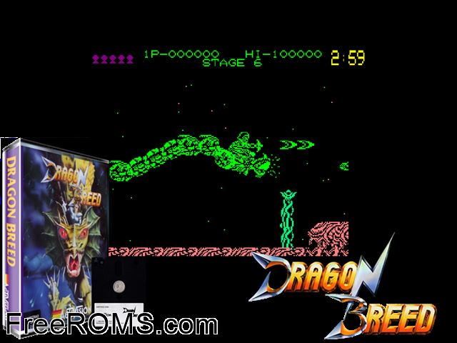 Dragon Breed (UK) (1989) [h1] Amstrad CPC game showing 3D box cover and gameplay screenshot